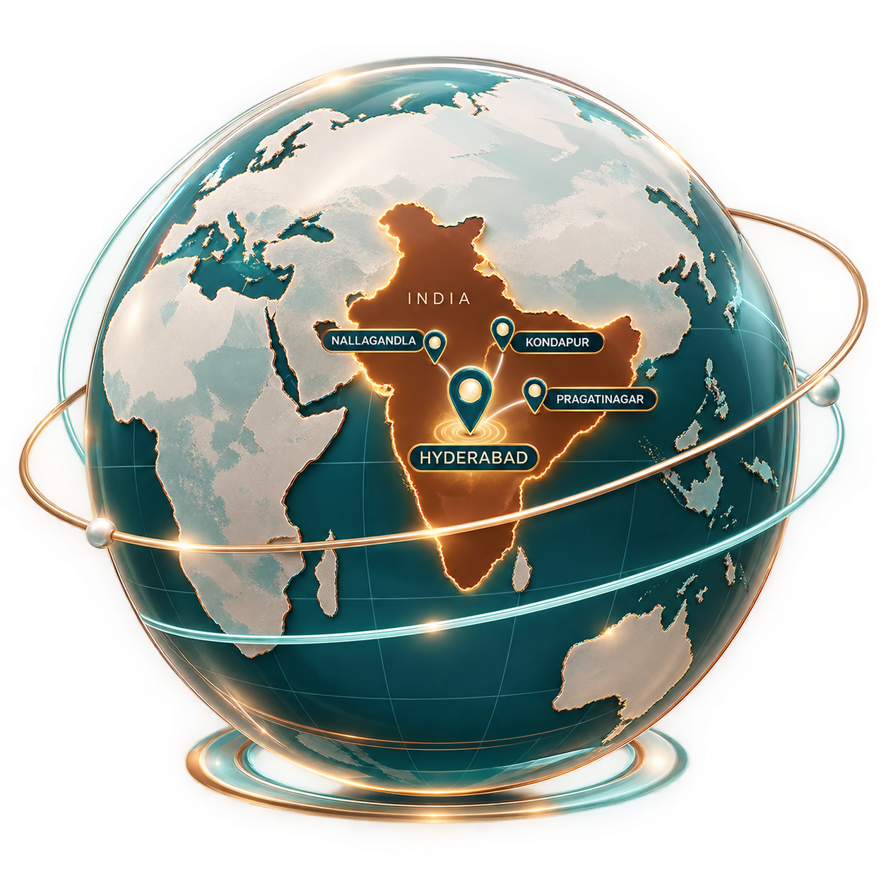 3D world map highlighting India, Hyderabad and four branches